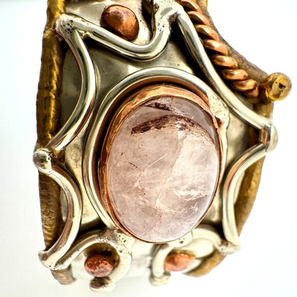 Handcrafted Bronze Copper Zinc Bracelet Genuine Rose Quartz Adjustable - Picture 9 of 14